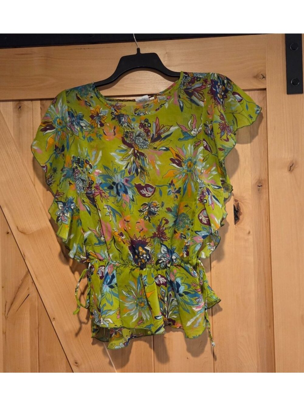 Mexicali Blues Green Floral Rayon Top Sz S/M Flutter Sleeve Cinch Waist